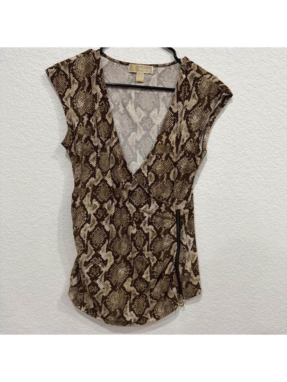 Michael Kors brown and beige snake print blouse with statement zipper detailing.